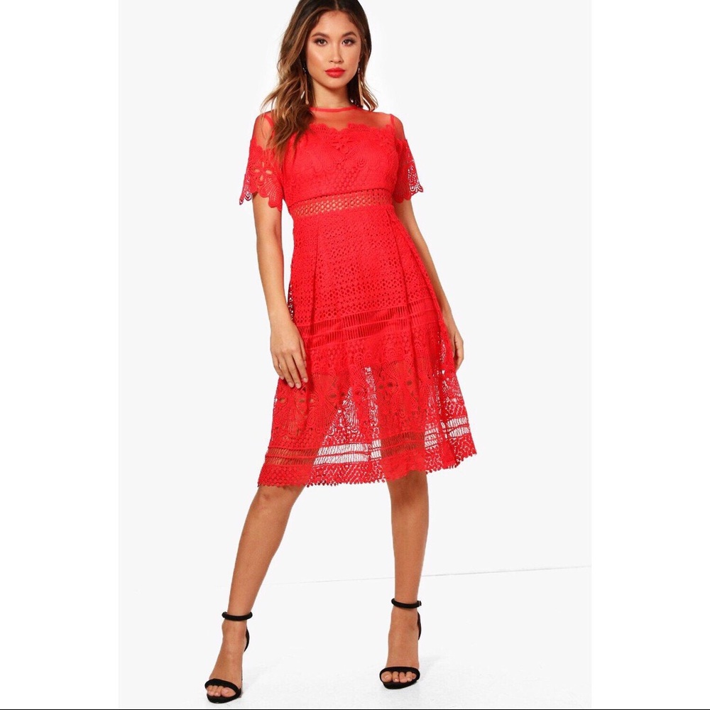 Boohoo Boutique Cary Lace Mesh Midi Skater Dress